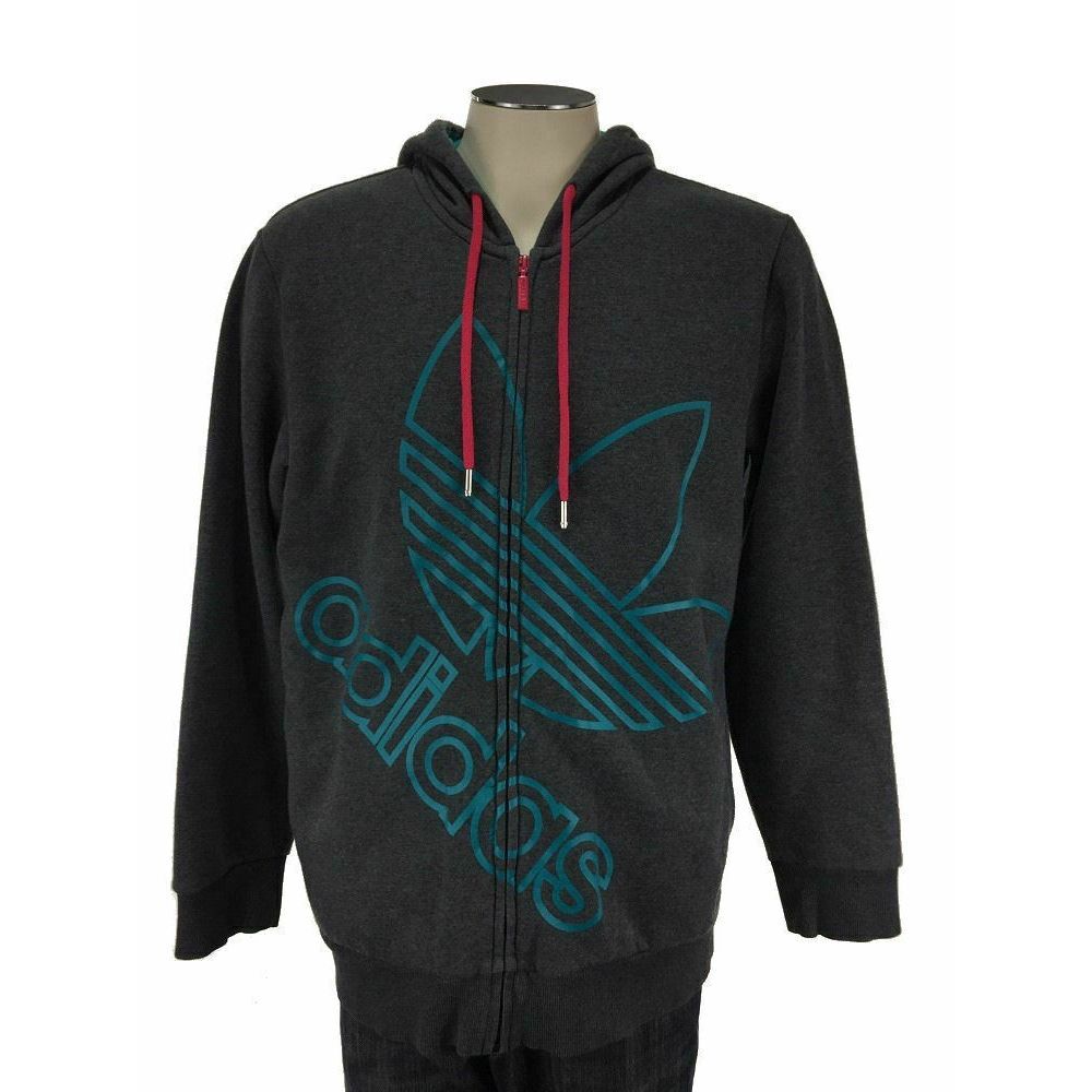 Adidas Zip Hoodie Sweatshirt L Gray Aqua Trefoil Spellout Big Logo Mens